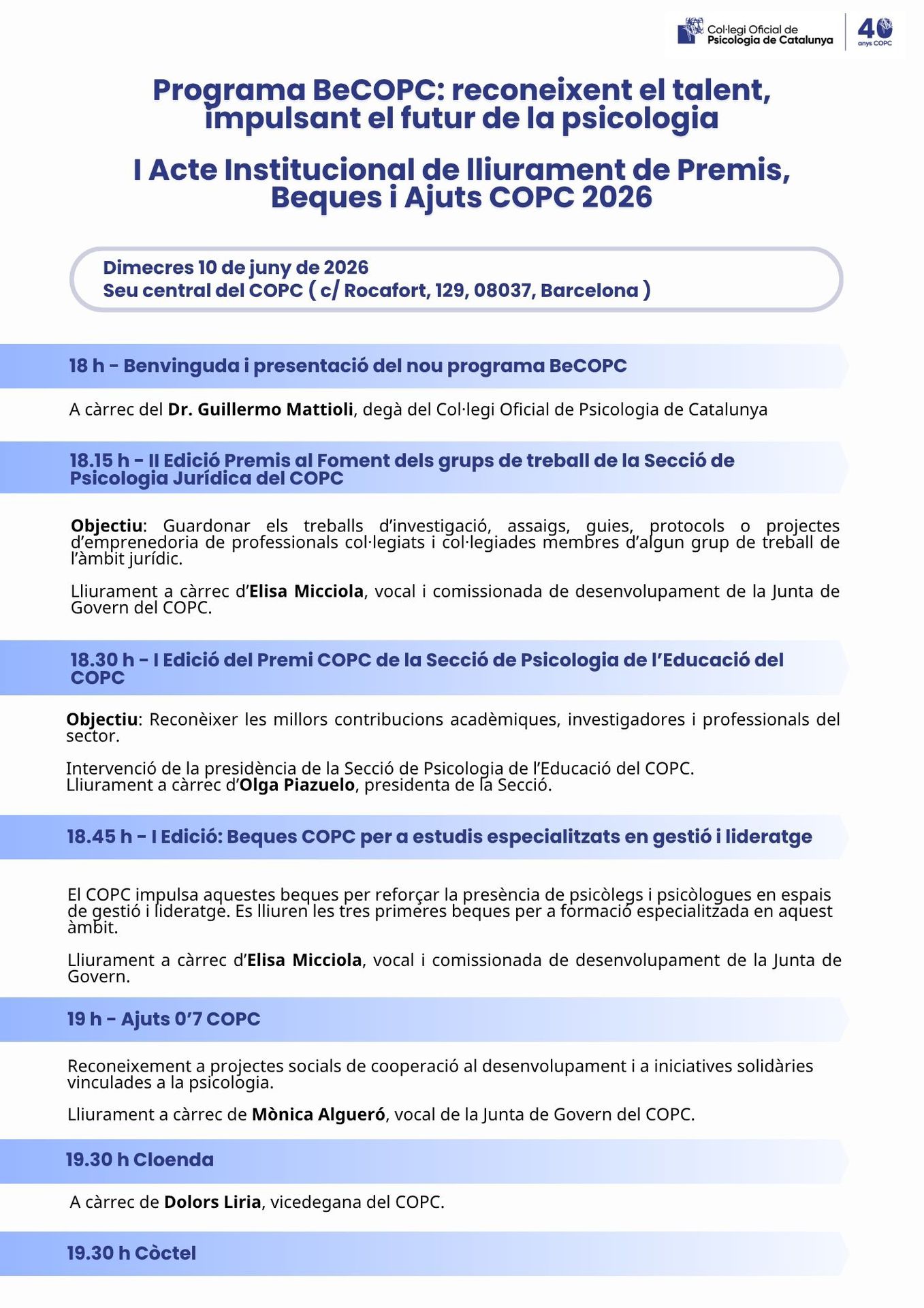 El COPC celebra el I Acte Institucional de presentació del programa ...
